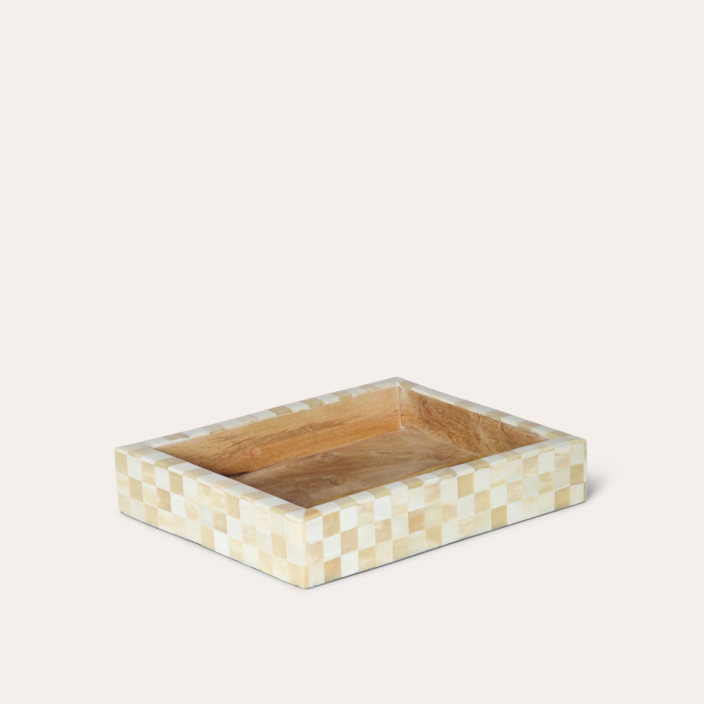 A small rectangular beige chequered bone inlay tray with a mango wood base.