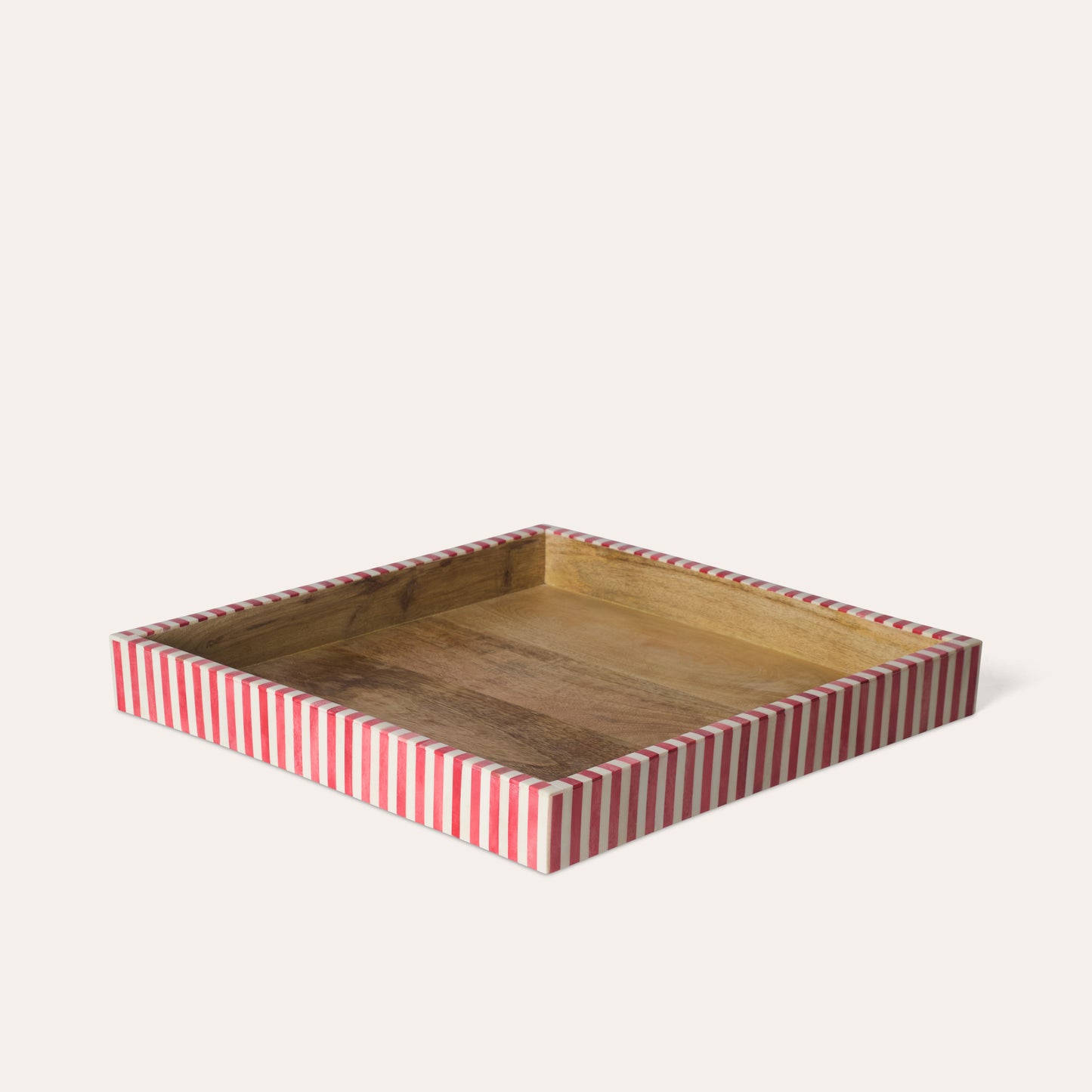 Square wooden tray with a red and white stripe border on a white background.