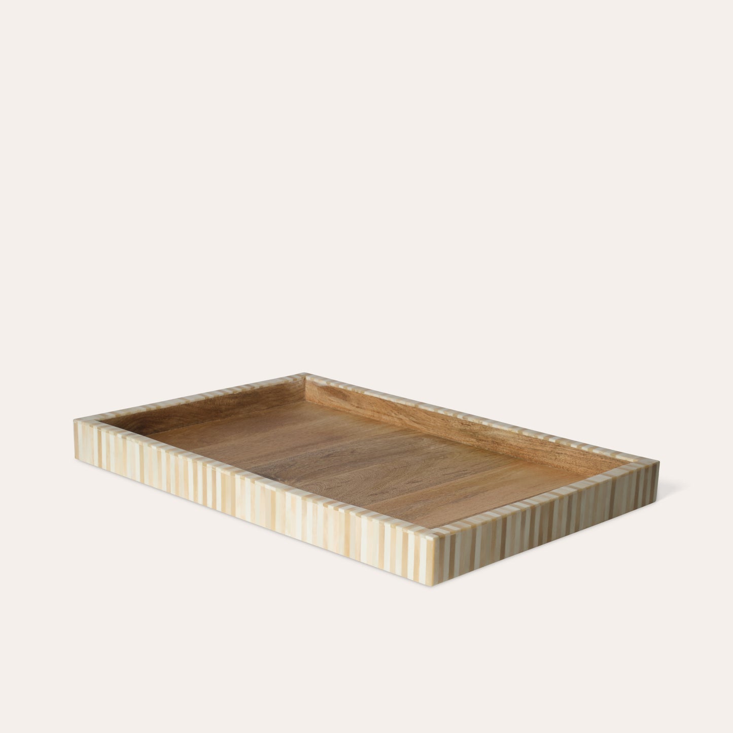 Large rectangle wooden tray with a tan and white stripe border on a white background.