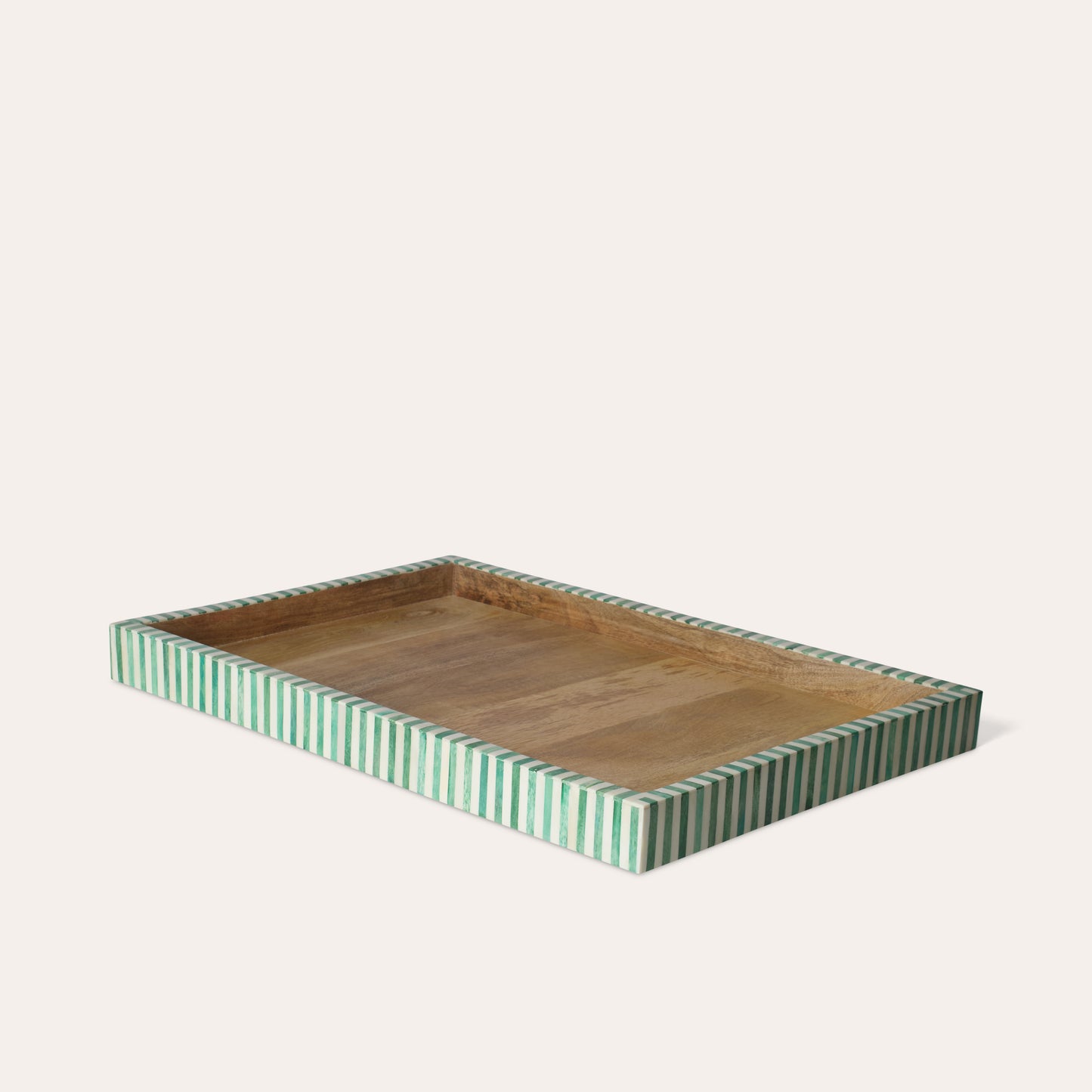 Rectangle large wooden tray with a green and white stripe border on a white background.