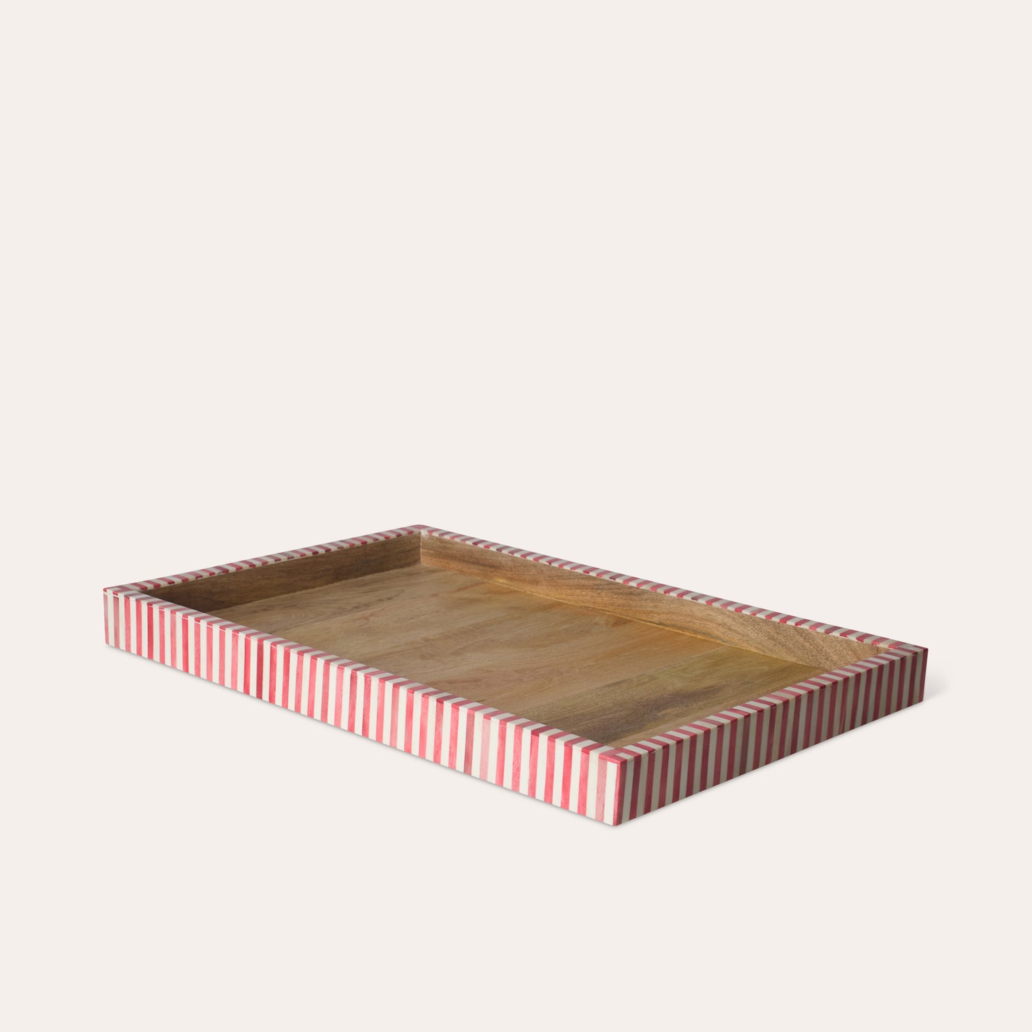 Large rectangle wooden tray with a red and white stripe border on a white background.