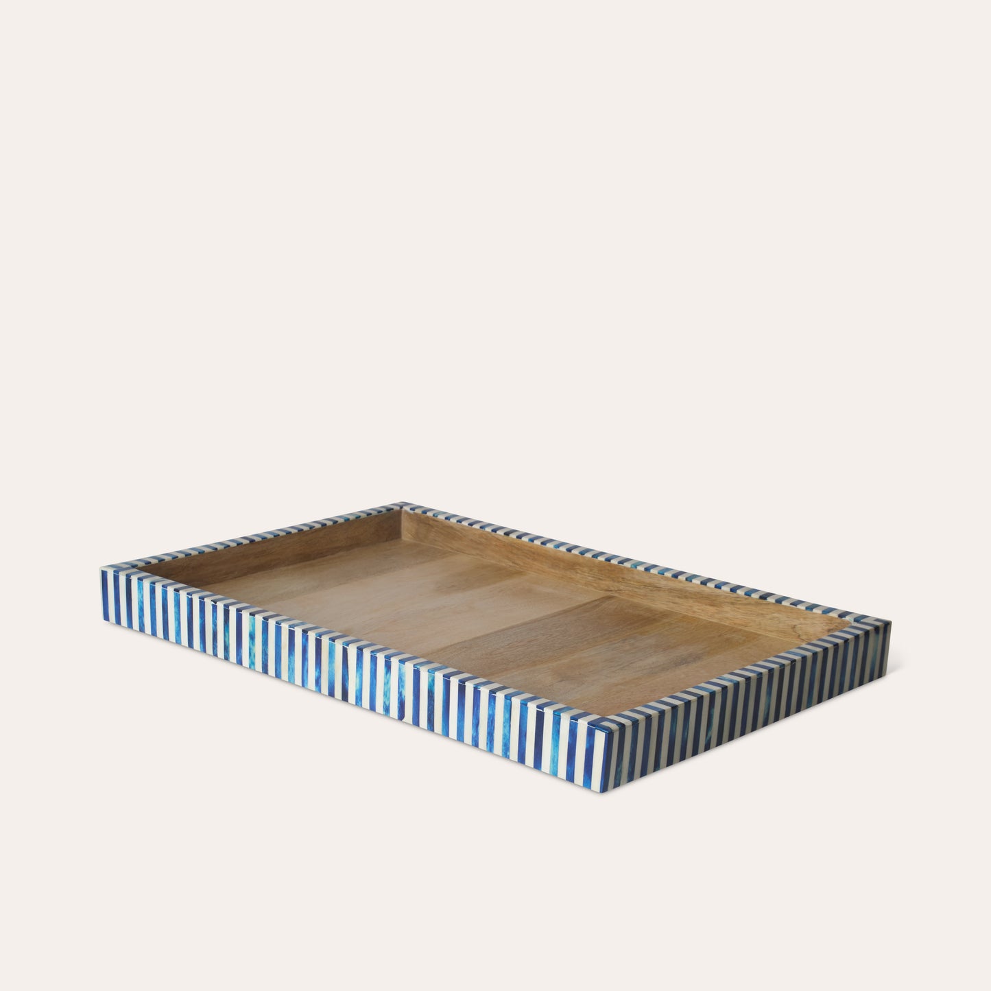 Large rectangle wooden tray with a blue and white stripe border on a white background.