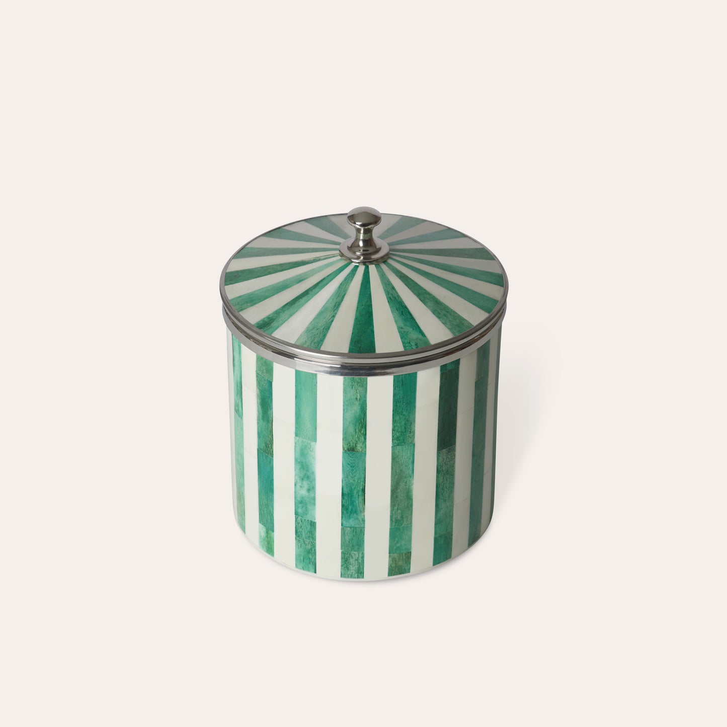 Decorative ice bucket with lid in green and white striped pattern with silver chrome edges and handle on a white background.