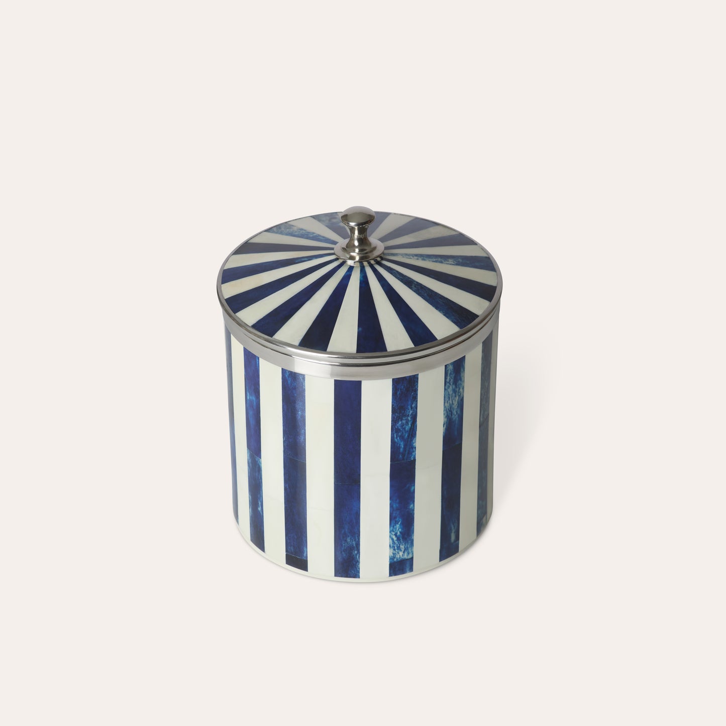 Decorative round ice bucket blue and white striped pattern with lid and chrome silver details on a light background