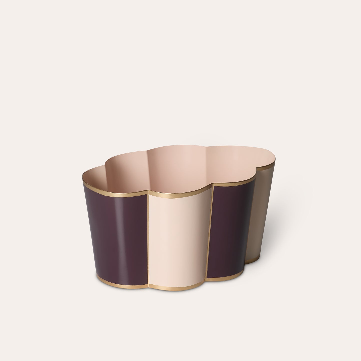 Decorative large plant pot with a wavy cloud design in beige pink, and burgundy purple on a white background.