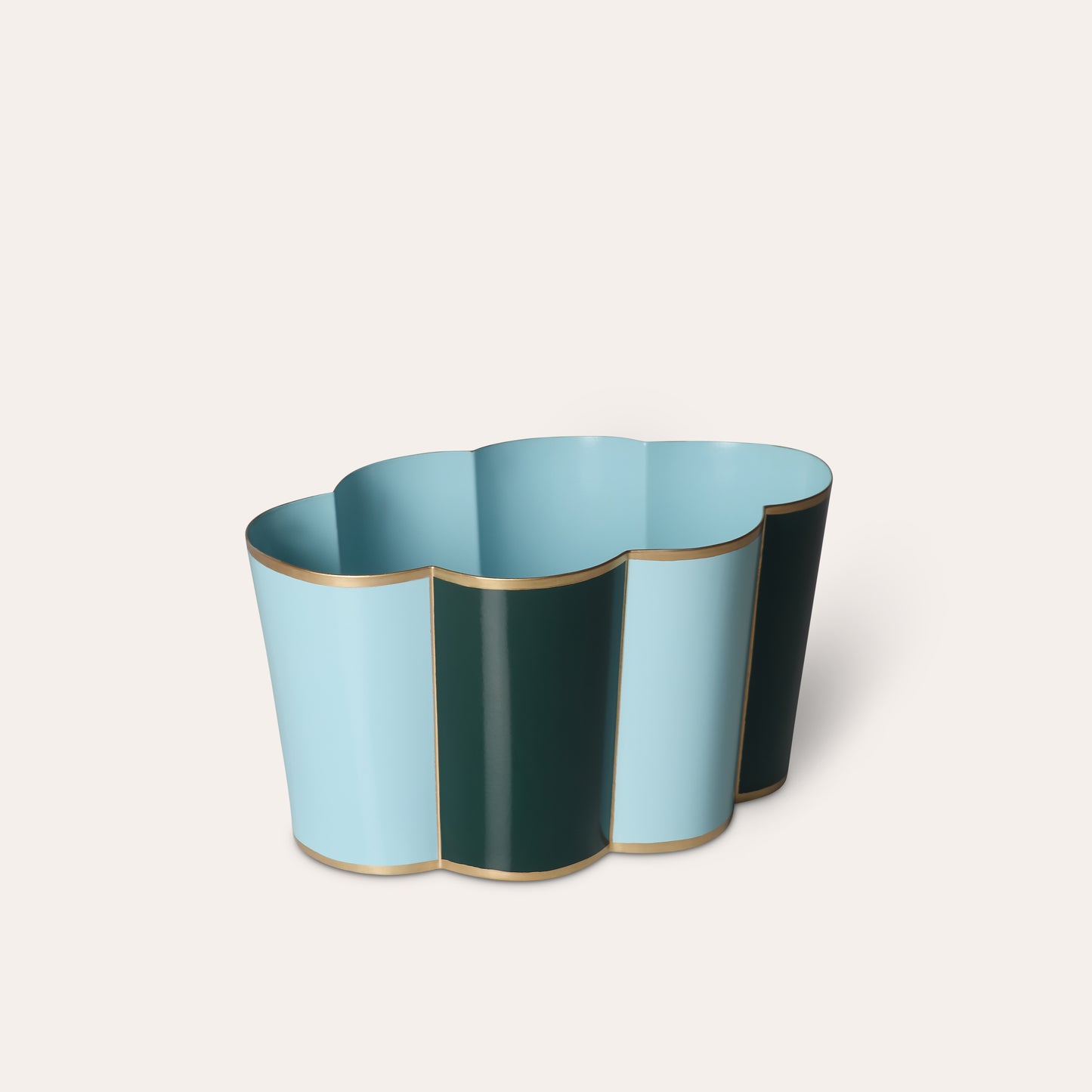Decorative vase with a two-tone sky blue and dark green panel cloud shape design on a light background