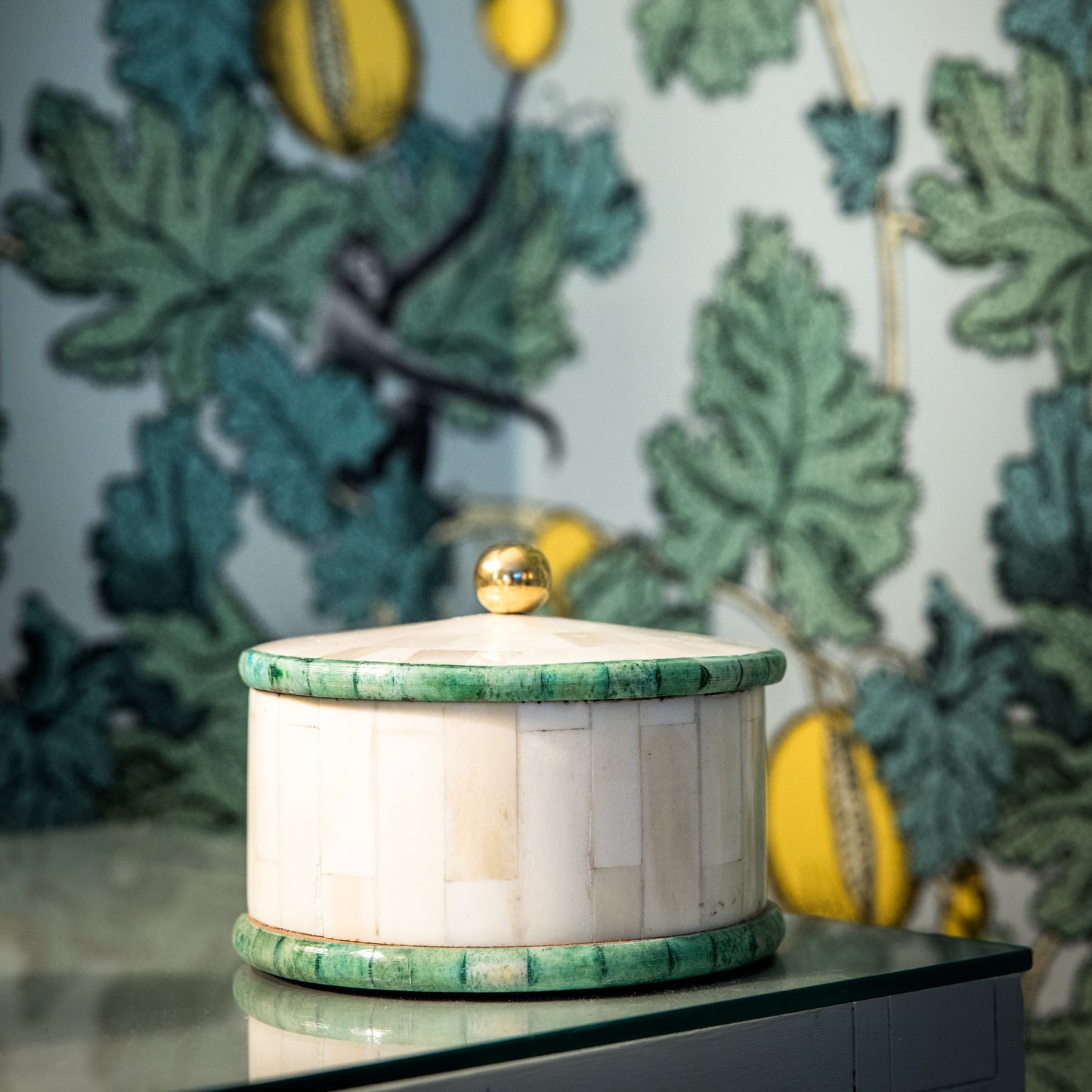 Decorative container with green lid on a surface against a leafy wallpaper background