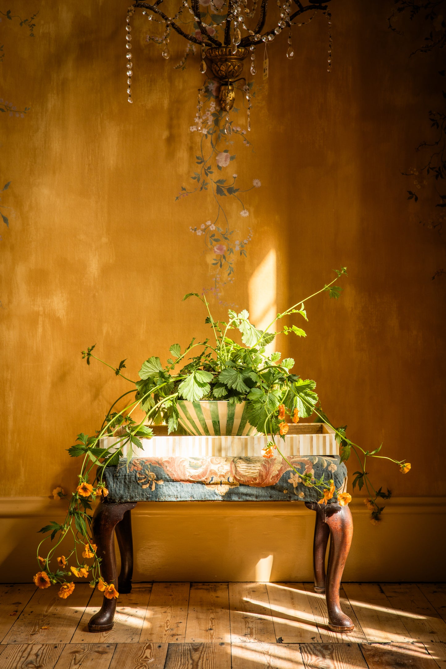 Decorative footstool with a beige stripe tray holding a green striped bowl planter filled with trailing orange flowers against a gold wall.