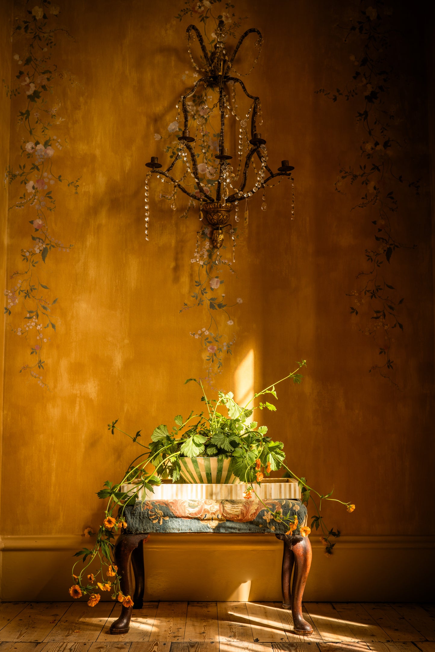 Decorative trailing plant in a pot on an ottoman with a chandelier hanging above against a warm-toned wallpaper.