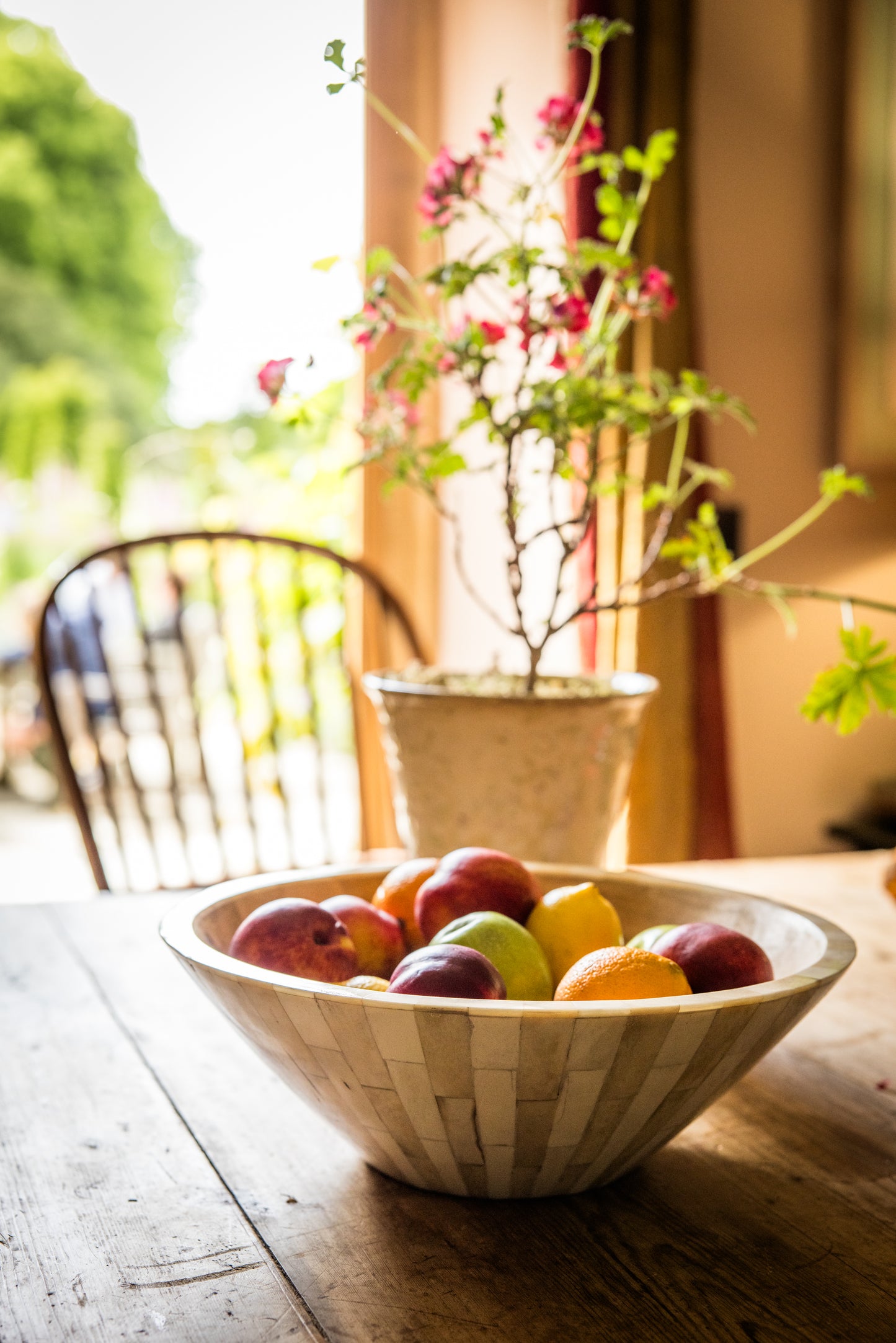 Bowl of fruits on a wooden dining table with a plant, chair and garden view in the background.