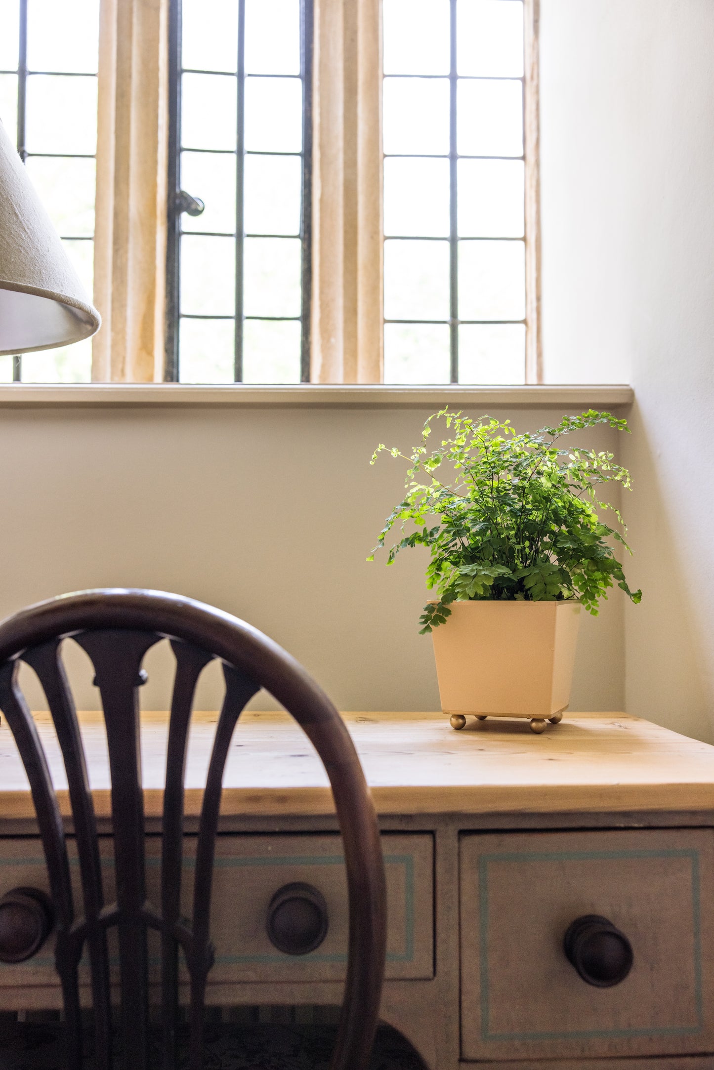 Wooden desk with a potted plant and chair in front of large windows.