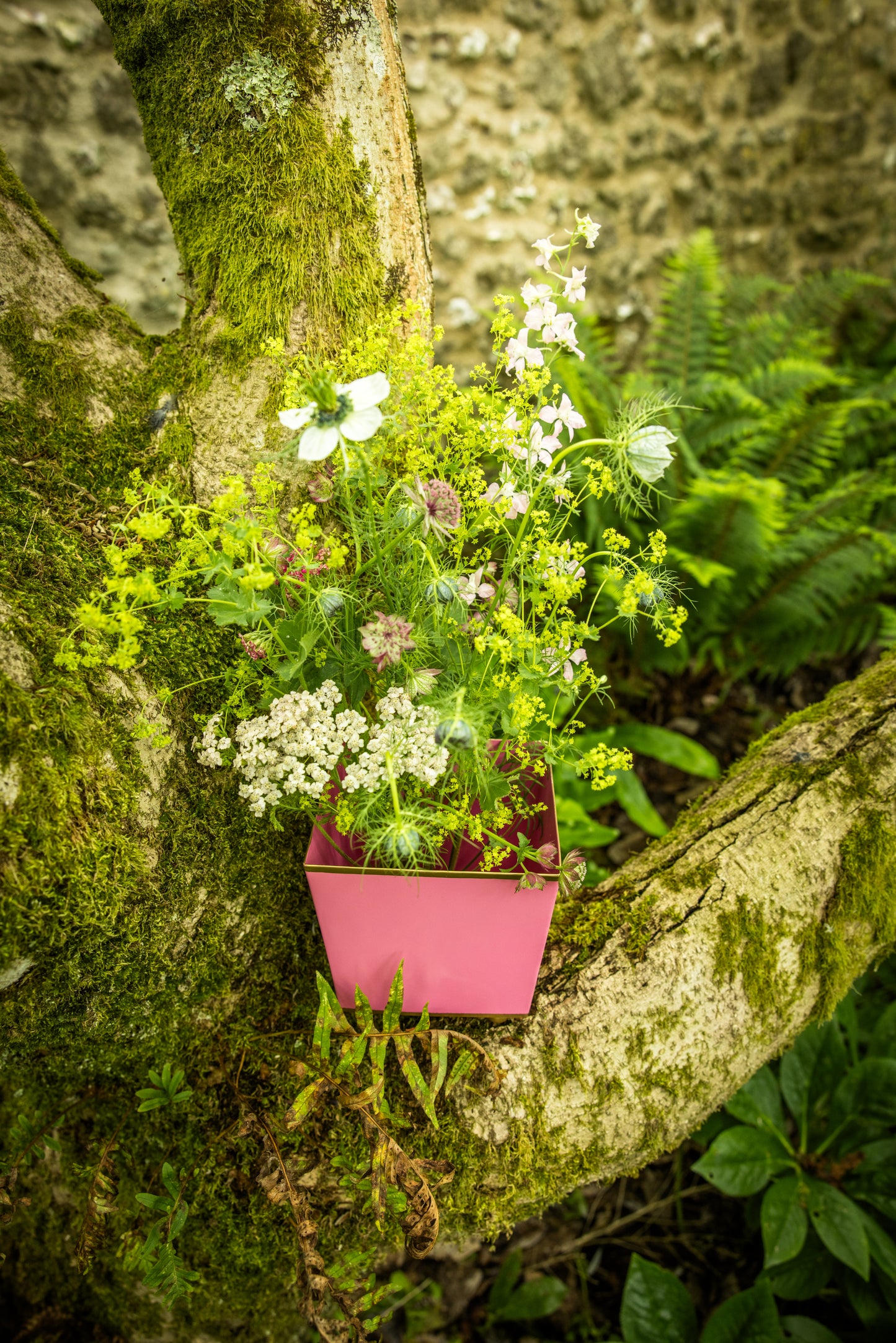 Pink planter with flower arrangement balanced on a moss-covered tree branch.