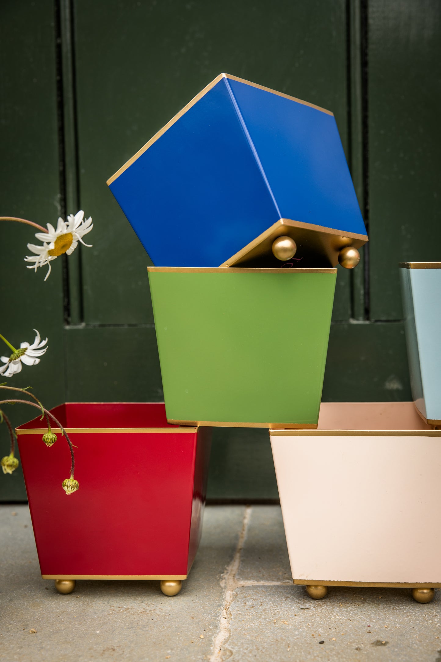 Colorful geometric planters with a green, blue, red, and beige planter against a dark background.