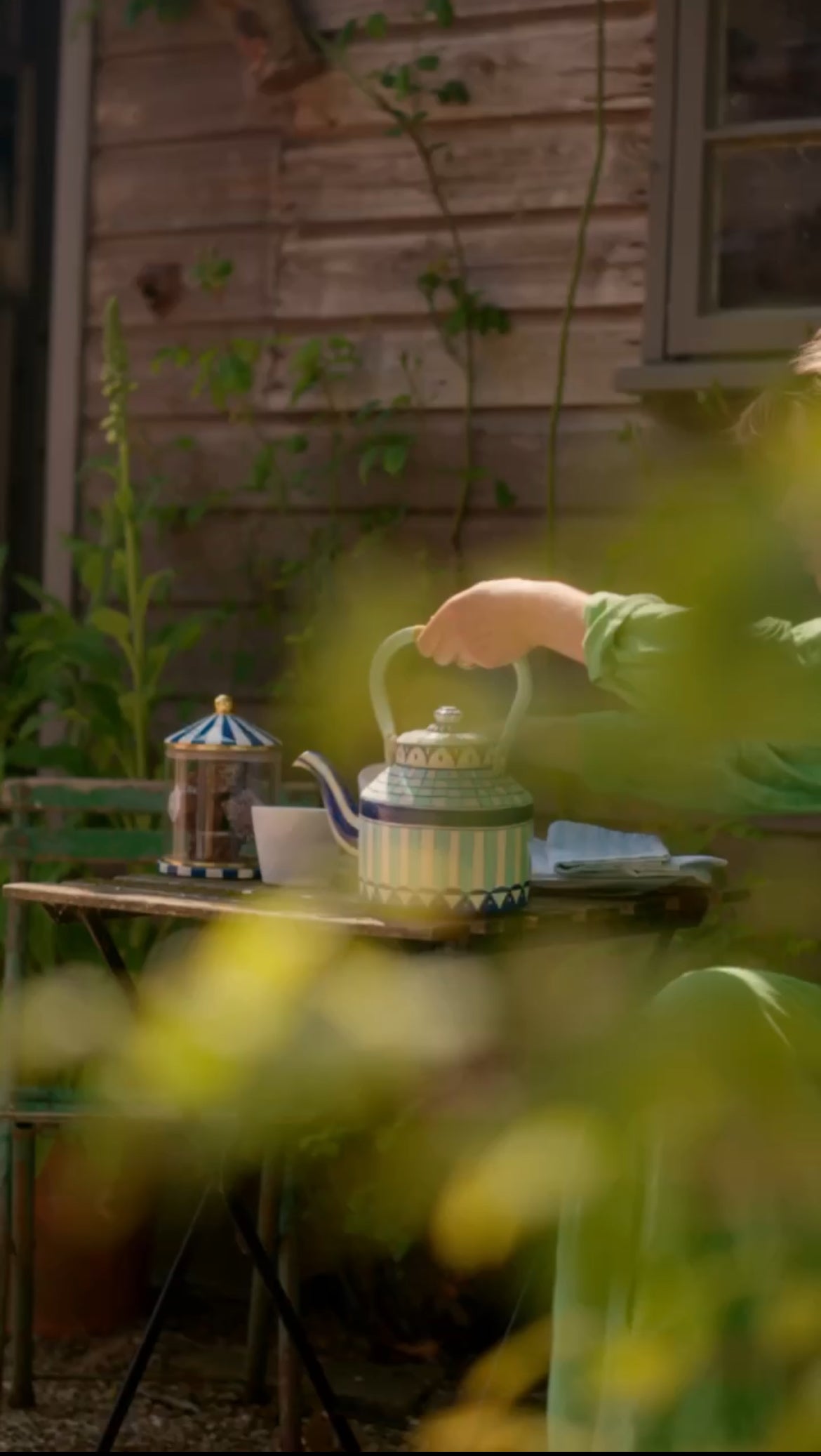 Hand Painted Tea Kettle Blues and White Striped