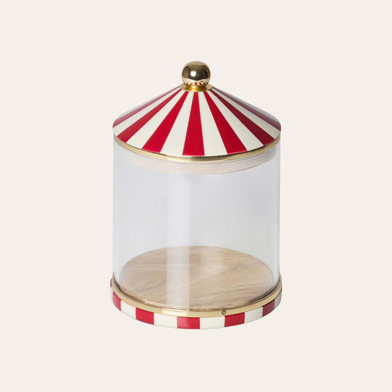 Large decorative storage jar with red and white striped lid on a beige background