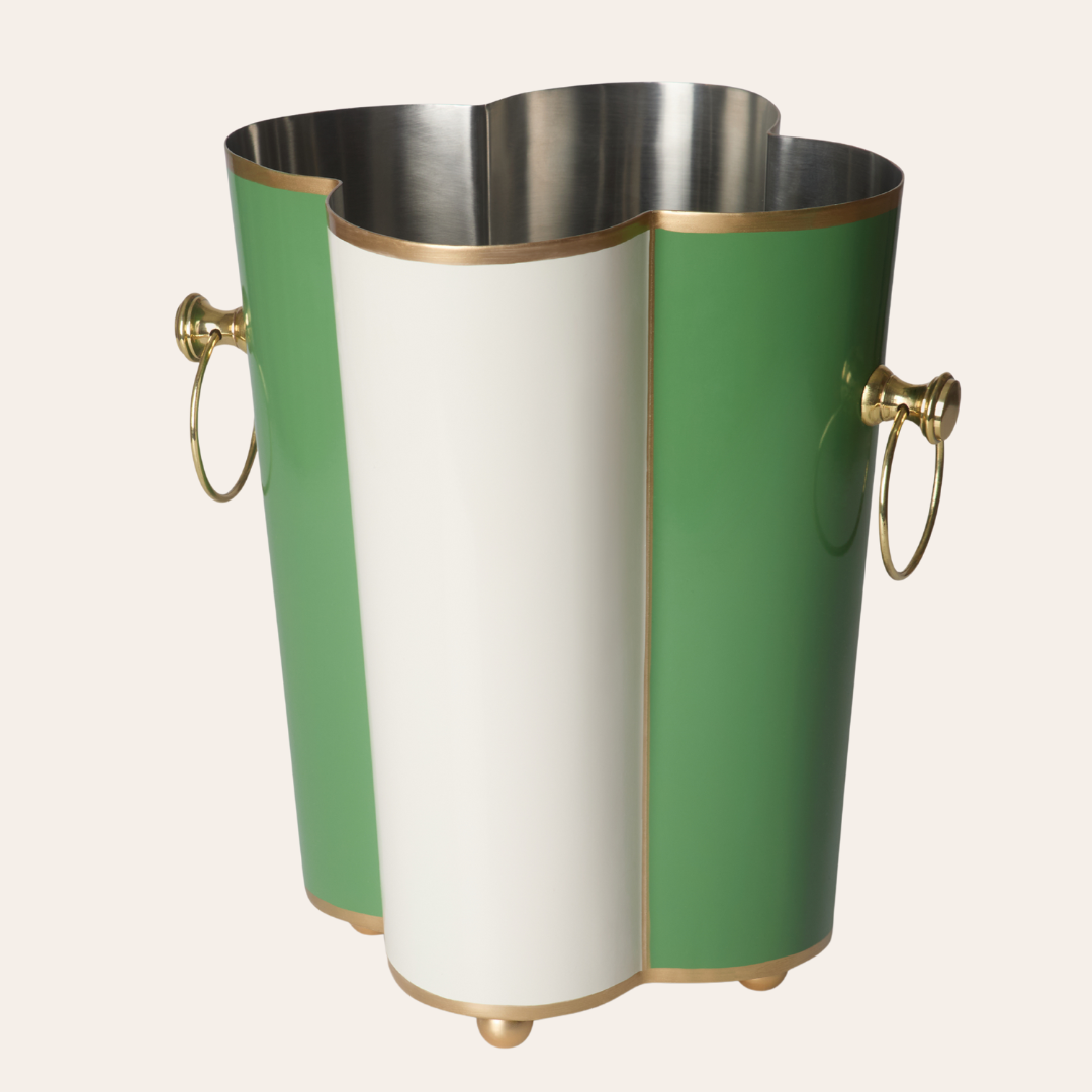 Decorative stainless steel drinks cooler with green, white, and gold colour scheme on a white background
