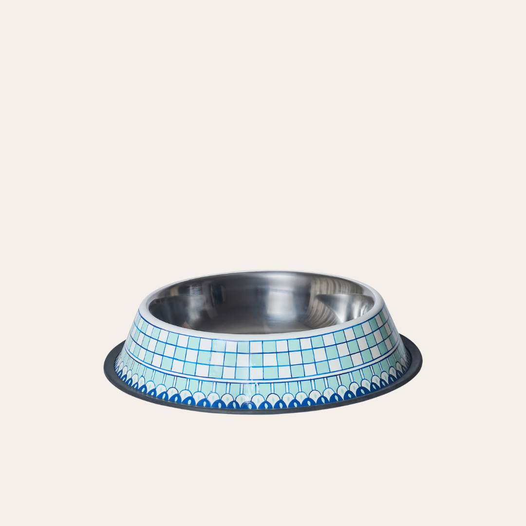 Cutout of a stainless steel pet feeder with checkerboard harlequin pattern painted in white, aquamarine and blue.