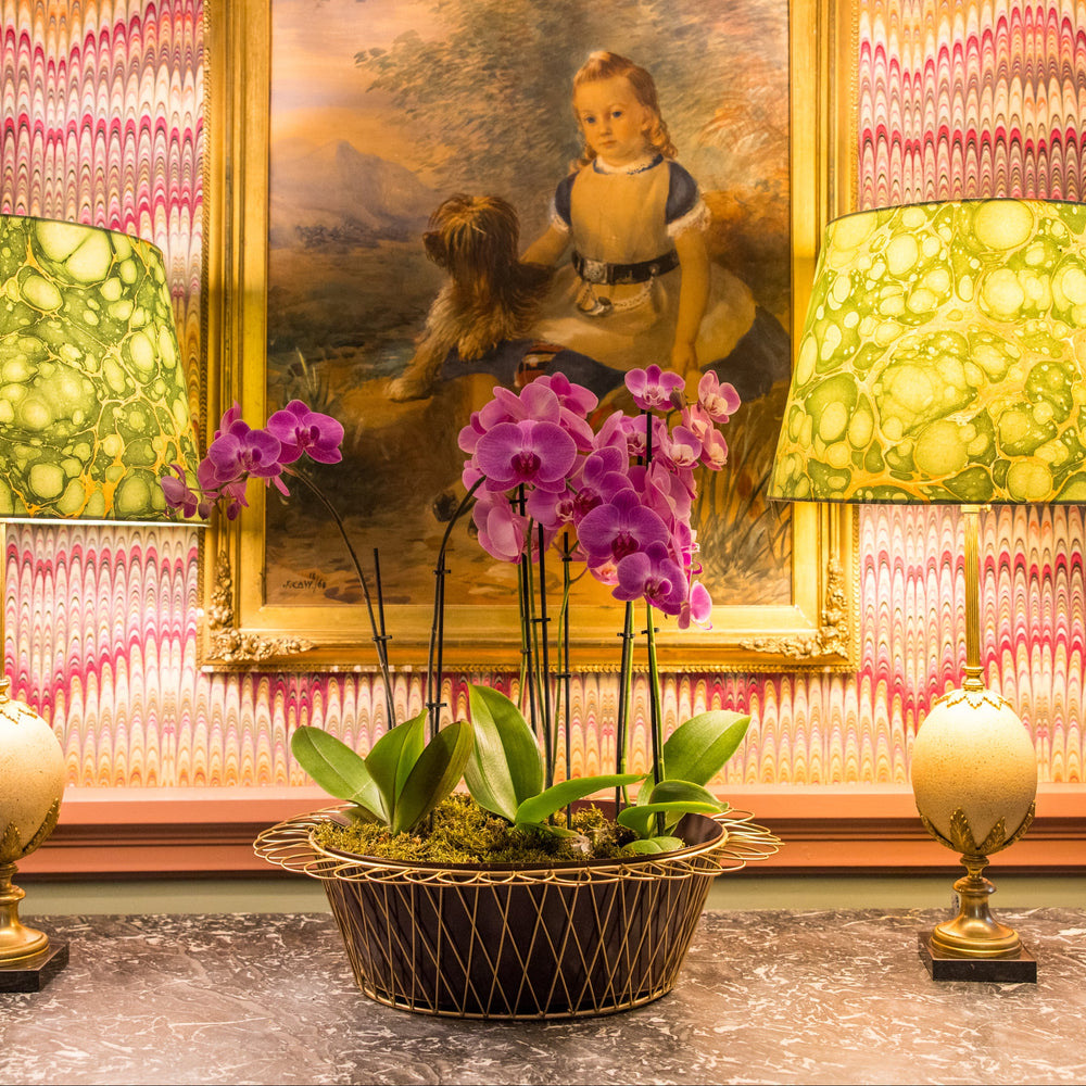 Decorative table setting with two lamps, a potted plant, and a framed portrait against a patterned wall.