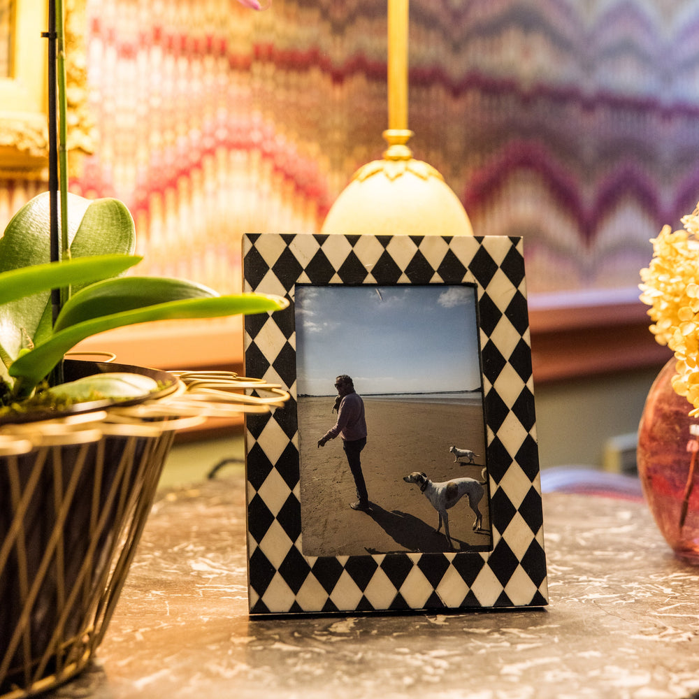 Black and white checkered photo frame with a picture of a person and dog on a beach, placed on a surface with decorative items.