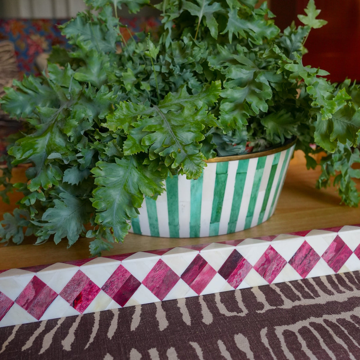 A potted green leafy plant in a white ceramic pot with green vertical stripes and a gold rim, placed on a wooden table in a home interior.